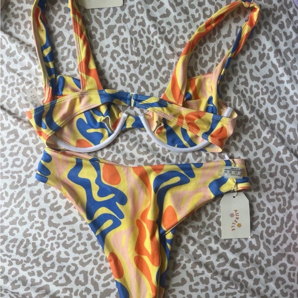 Aurelie Yellow Orange Blue Abstract Ribbed Bikini Set
